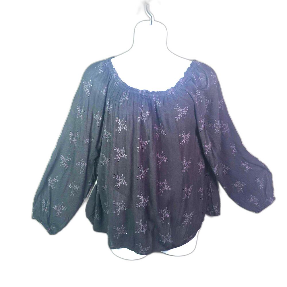 Sanctuary Peasant Blouse Black XL Boho Floral Embroidered Bishop Sleeves